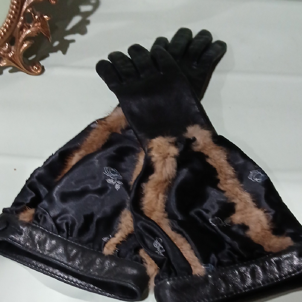 🖤 Harricana par Mariouche Black Leather & Brown Fur Overcoat Gloves Rare Sz M